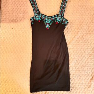 Chic Black Mini Dress with Turquoise Embellishments